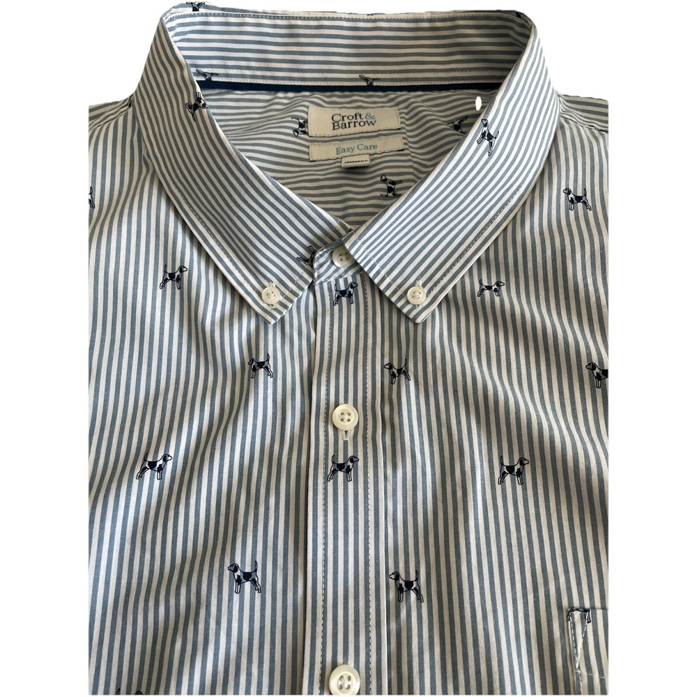 Croft & Barrow Mens 4XL Tall Dog Print Stripe Button Down Shirt Blue White